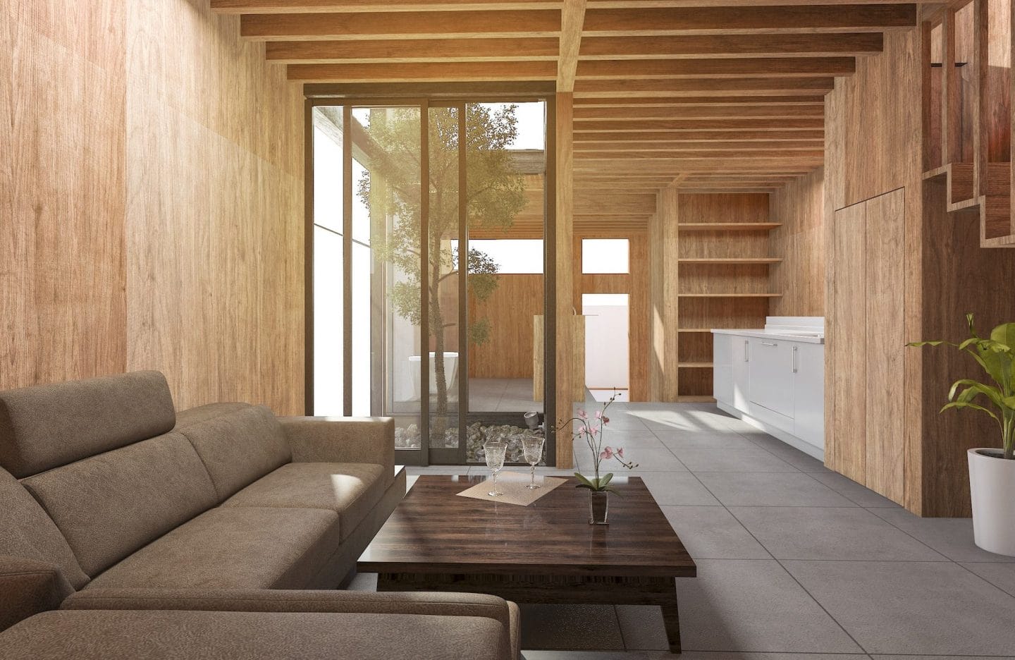 3d rendering japanese living room style house with wood decor e1666504606746
